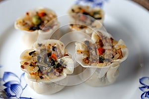 Chinese authentic traditional dish: Cantonese style shumai with rice and pork beef, closeup