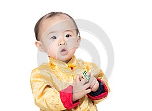Chinese baby boy play toy block