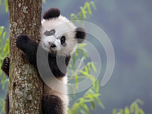 Chinese baby panda climbing in tree, panda baby animal