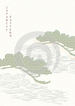 Chinese background with bonsai element vector. Hand draw wave pattern with natural banner in vintage style