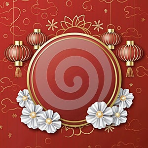 Chinese Banner Background Vector Illustration. Chinese frame with lanterns on traditional red background with copy space.