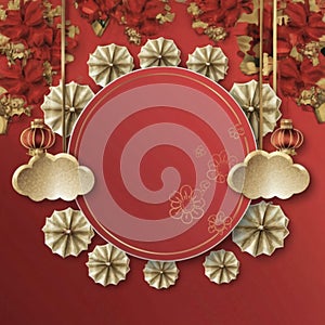 Chinese Banner Background Vector Illustration. Chinese frame with lanterns on traditional red background with copy space.