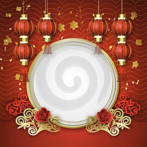 Chinese Banner Background Vector Illustration. Chinese frame with lanterns on traditional red background with copy space.