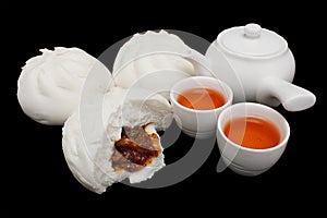 Chinese Barbecued Pork Bun with Teapot and Teacups