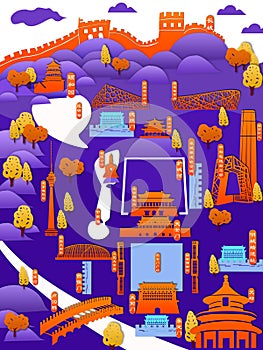 Chinese Beijing landmarks and ancient architecture paper cutting style impression illustration