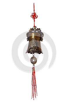 Chinese bell with buddha image, with red threads and coin for feng shui isolated