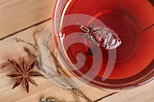 Chinese black tea with anise and thyme. Close-up