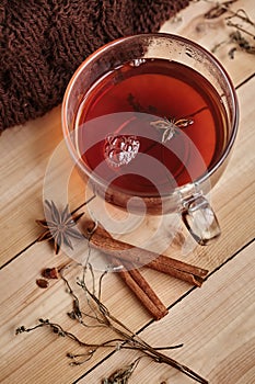 Chinese black tea with anise and thyme. Close-up