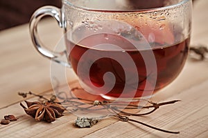 Chinese black tea with anise and thyme. Close-up