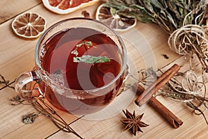 Chinese black tea with anise and thyme. Close-up