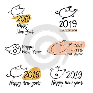 Chinese boar, horoscope sign earth. Greeting card Happy new year