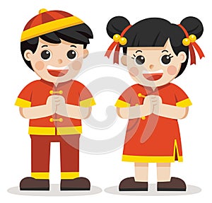 Chinese boy and girl standing respect.