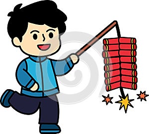 Chinese boy holding Chinese firecrackers