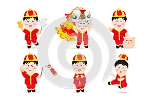 Chinese boy, people cute characters cartoon mascot, Chinese New Year, lion dance, firecracker, kung fu, pig and aerialist festive