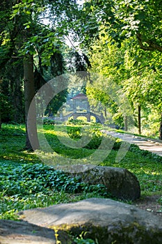 Chinese bridge near the reservoir in Oleksandria Park, Bila Tserkva, Ukraine