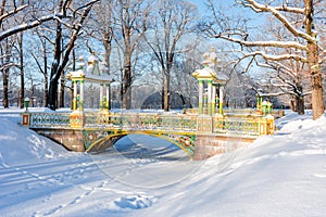 Chinese bridges in Alexander park in winter, Tsarskoe Selo, St. Petersburg, Russia