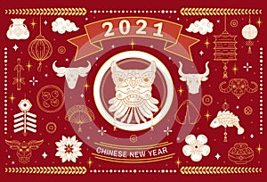Chinese calendar. Metal bull, ox zodiac, chine lucky for New Year.