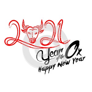 Chinese calligraphy for 2021 New Year of the ox, bull, cow. Lunar new year 2021. Zodiac sign for greetings card, invitation,