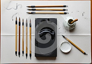 Chinese calligraphy set on a white surface. Multiple bamboo and