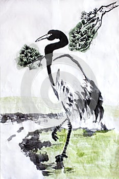 Chinese calligraphy water painting crane