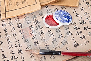 Chinese calligraphy work and the brush and ink pad on it