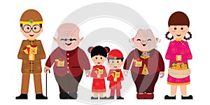 Chinese cartoons family with Red Envelopes isolated on white background