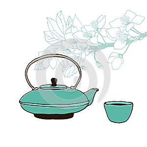 Chinese cast iron teapot and small tea cup with cherry tree flower, vector illustration