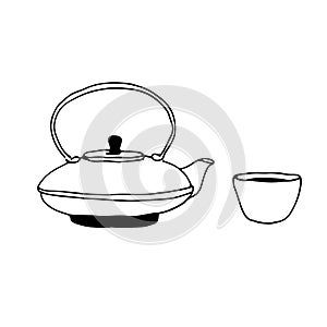 Chinese cast iron teapot and small tea cup, vector illustration