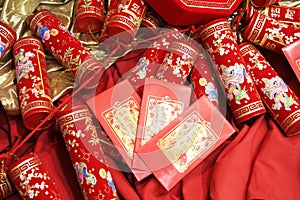 Chinese celebration firecrackers and red envelope photo