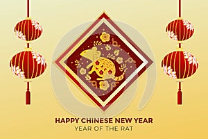 Chinese characters mean Happy New Year with red lantern