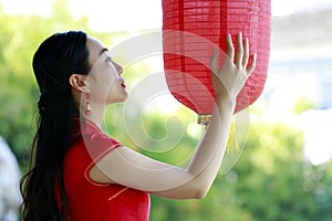 Chinese cheongsam model in Chinese classical garden