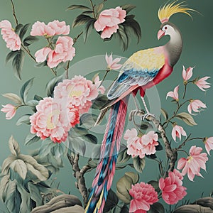 Chinese chinoiserie, realistic Limosa birds with peonies garden mural painting in bright color