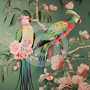 Chinese chinoiserie, realistic Limosa birds with peonies garden mural painting in bright color