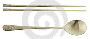 Chinese chopsticks and spoon on isolated background