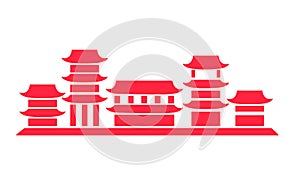 Chinese city with red houses. Flat design for card or t-shirt. Vector illustration