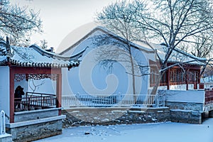 The chinese classical architecture and trees after snow