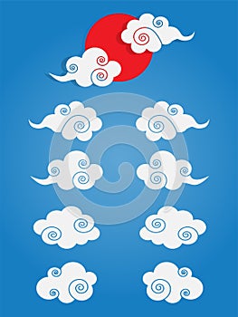 Chinese cloud set vector isolated and example clouds with sun on blue sky background. Vector illustrator.