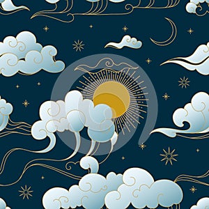 Chinese clouds pattern. Seamless print with traditional oriental art. Sky precipitation. Blowing wind. Sun and crescent