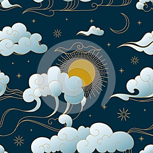 Chinese clouds pattern. Seamless print with traditional oriental art. Sky precipitation. Blowing wind. Sun and crescent photo