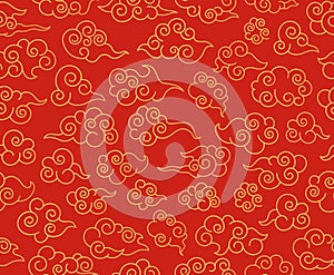 Chinese clouds pattern. Traditional asian ornament. Red decorative swirling sky cloud in japanese style vector seamless