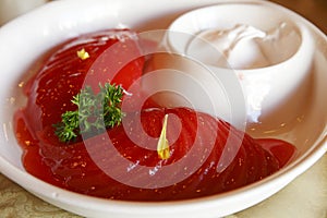 Chinese cold dish - red drunken pear.