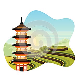 Chinese colorful pagoda on rice terrace fields background. Travel to China isolated vector flat cartoon illustration