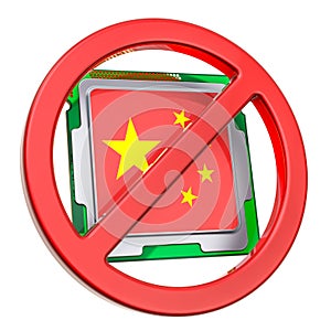 Chinese computer processor unit inside forbidden sign, 3D rendering