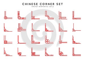 Chinese corner set in vintage style on white background. Traditional asian ornaments for your design. Vector red
