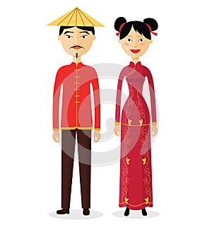 Chinese couple man and woman in traditional national costume vector illustration isolated on white