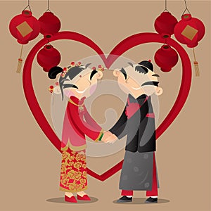 A Chinese couple wear with traditional Chinese wedding costumes