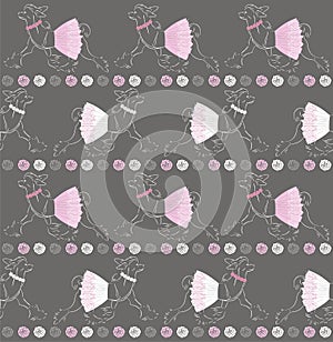 Chinese crested dog in a lace pink skirt and roses. Beautiful seamless pattern.