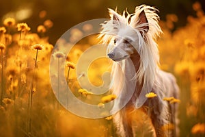 Chinese crested dog standing in meadow field surrounded by vibrant wildflowers and grass on sunny day ai generated