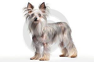 Chinese Crested Dog Stands On A White Background