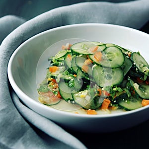 Chinese cucumber salad on the white plate Close up